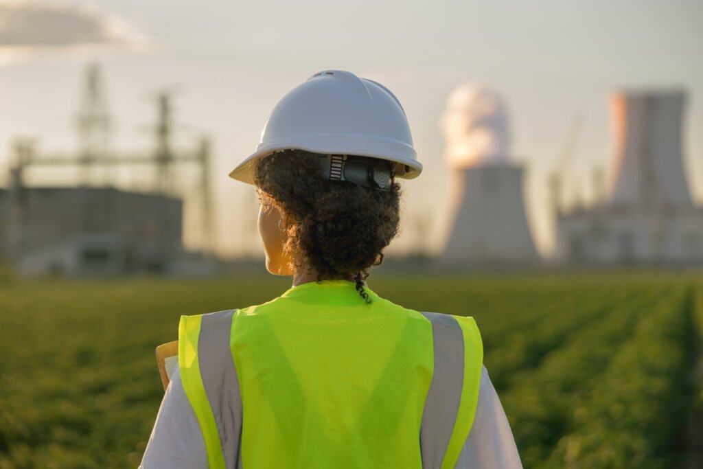 Engineer in hard hat near power plant.