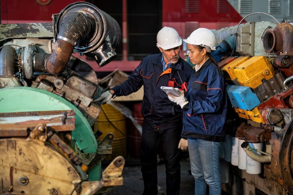 Engineers discussing machinery maintenance in factory.