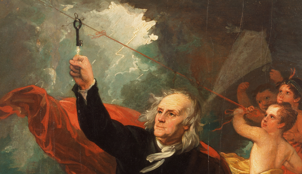 Historical painting of a man with a key in storm.