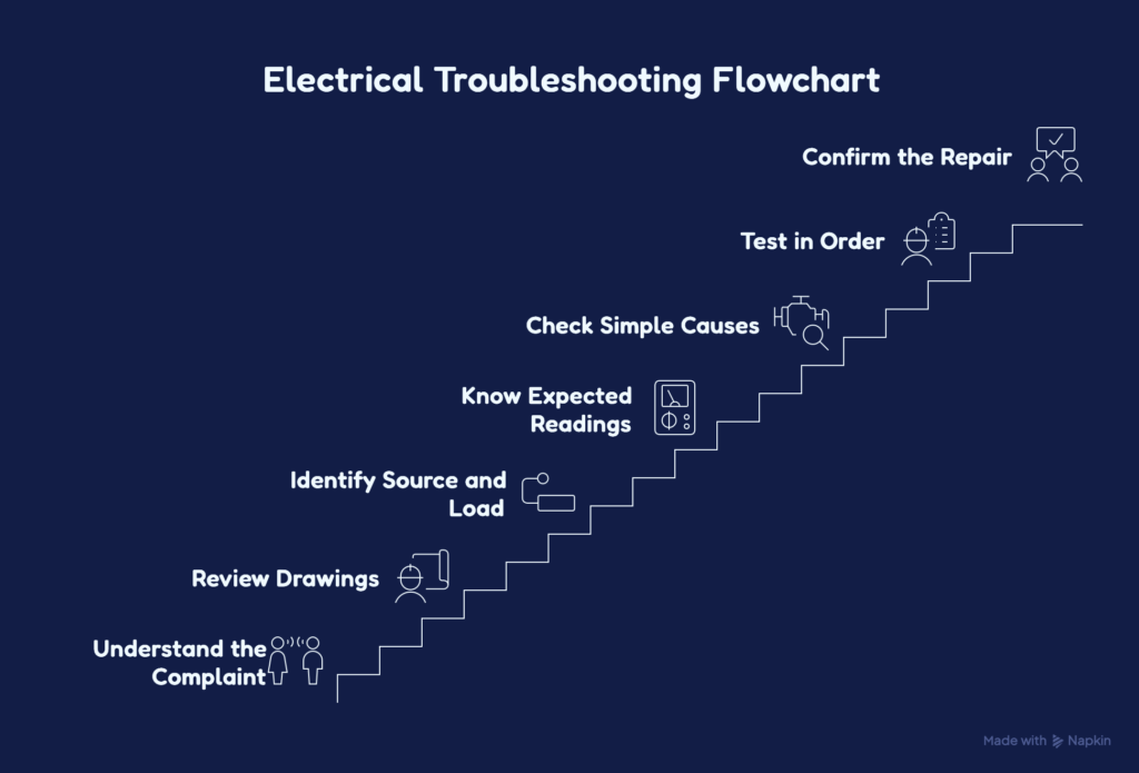 Electrical troubleshooting flowchart with step-by-step staircase layout