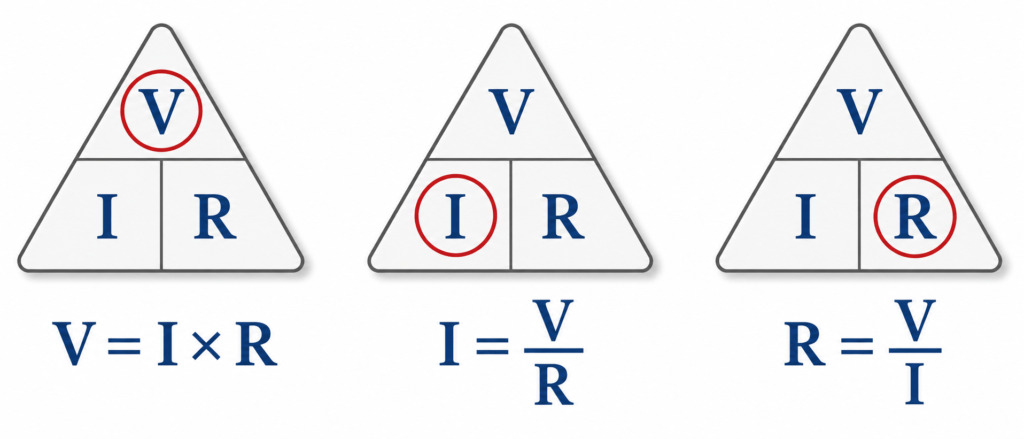 Ohm’s law triangle with V, I, R formulas