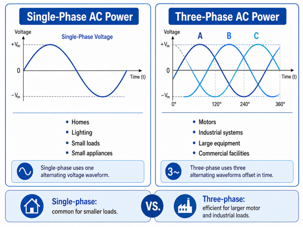 Single-phase vs three-phase AC power waveforms diagram