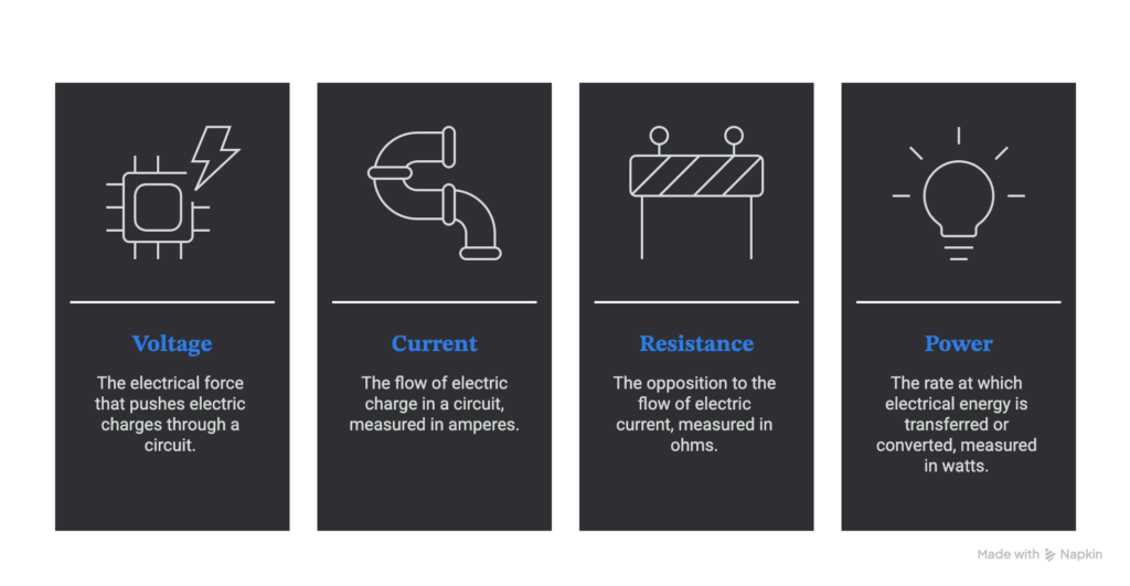 Infographic explaining voltage, current, resistance, and power