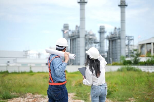 Engineers inspecting industrial plant site outdoors.