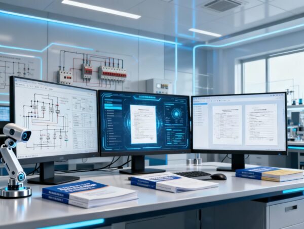High-tech laboratory with multiple computer monitors