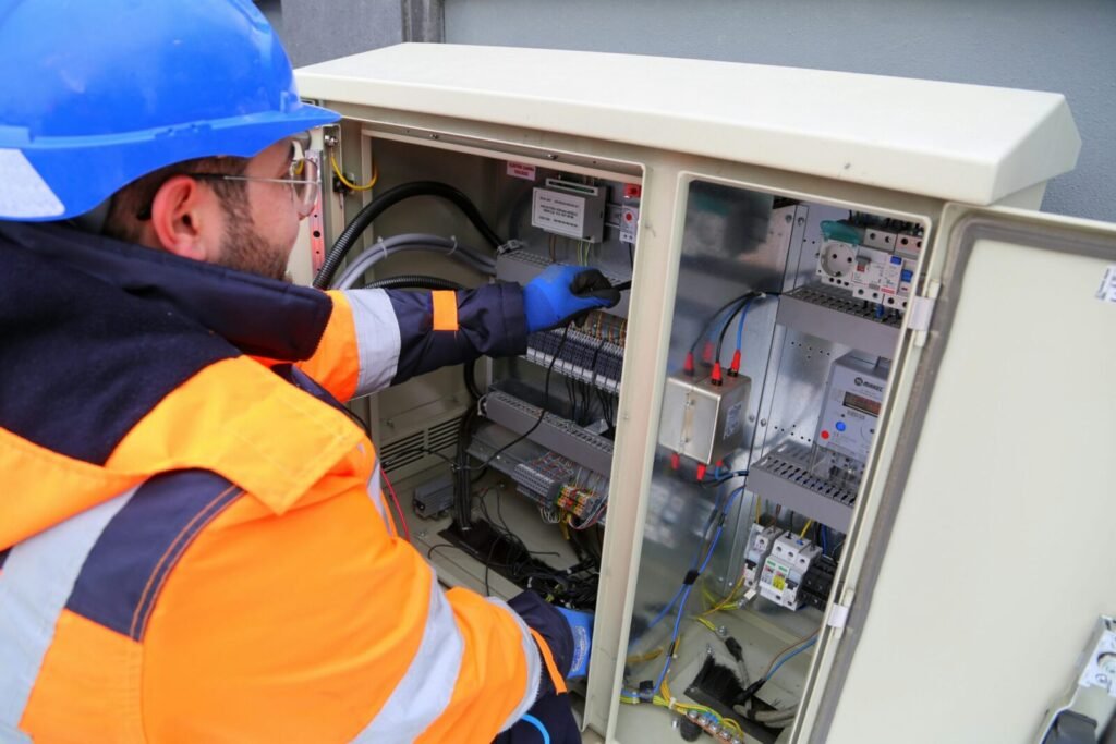 Technician inspecting electrical control panel outside.